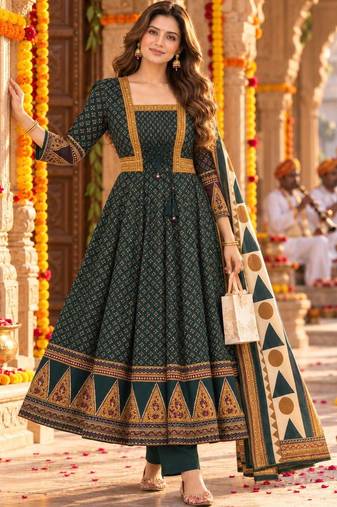 women ethnic motifs printed empire  cotton kurta with trousers & with dupatta