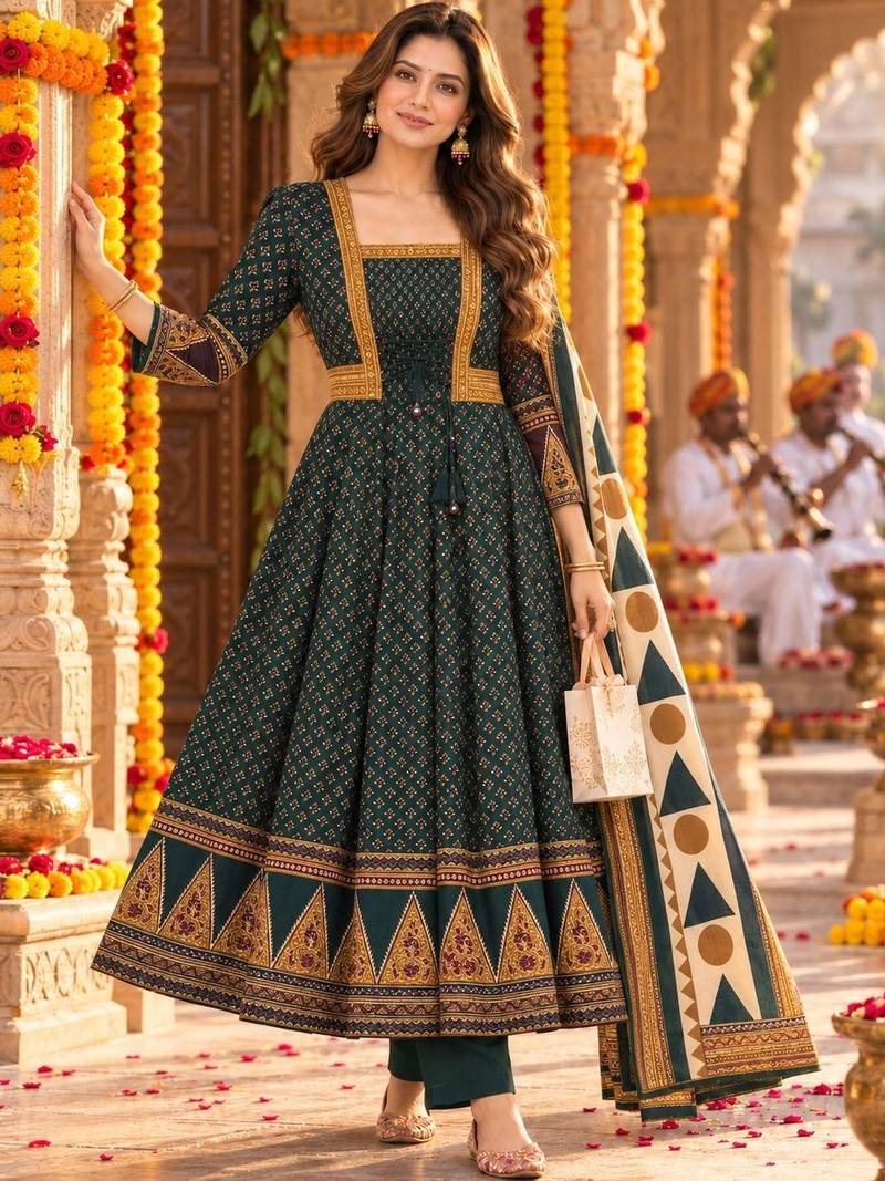 women ethnic motifs printed empire  cotton kurta with trousers & with dupatta