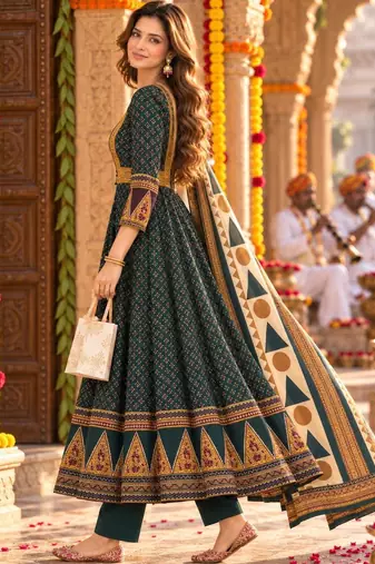 women ethnic motifs printed empire  cotton kurta with trousers & with dupatta