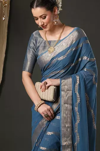 Blue woven design zari  georgette kanjeevaram saree