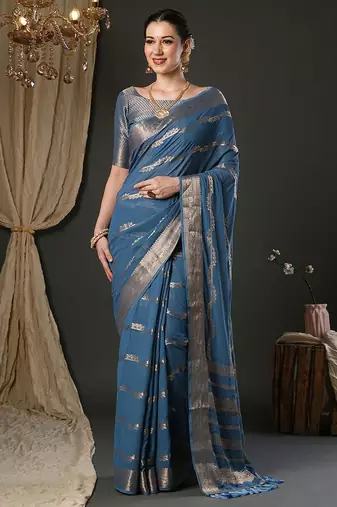 Blue woven design zari  georgette kanjeevaram saree