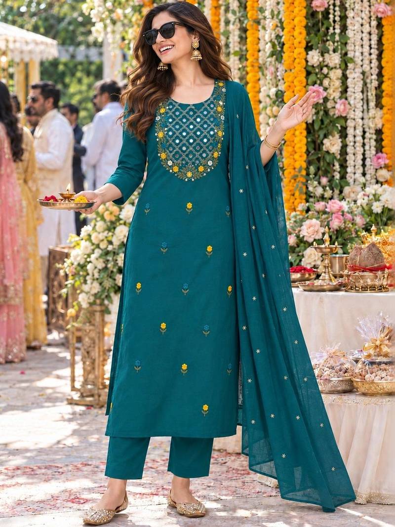 women ethnic motifs embroidered regular mirror work  cotton kurta with trousers & with