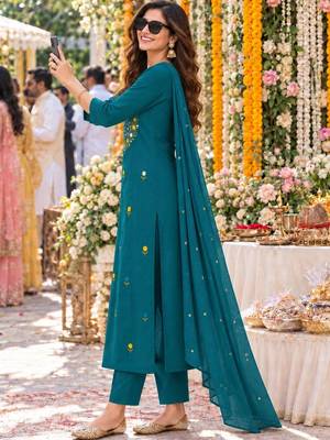 women ethnic motifs embroidered regular mirror work  cotton kurta with trousers & with 2