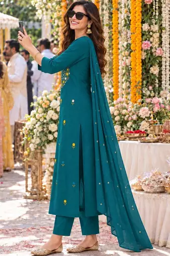 women ethnic motifs embroidered regular mirror work  cotton kurta with trousers & with