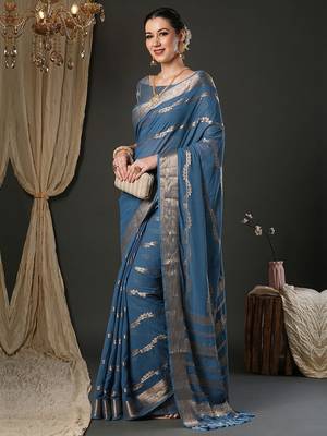 Blue woven design zari  georgette kanjeevaram saree 4