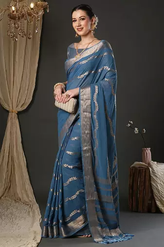 Blue woven design zari  georgette kanjeevaram saree