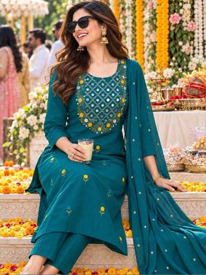 women ethnic motifs embroidered regular mirror work  cotton kurta with trousers & with 3