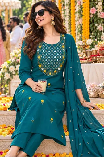 women ethnic motifs embroidered regular mirror work  cotton kurta with trousers & with
