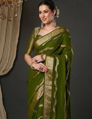 Olive ethnic motifs woven design zari  georgette kanjeevaram saree 1