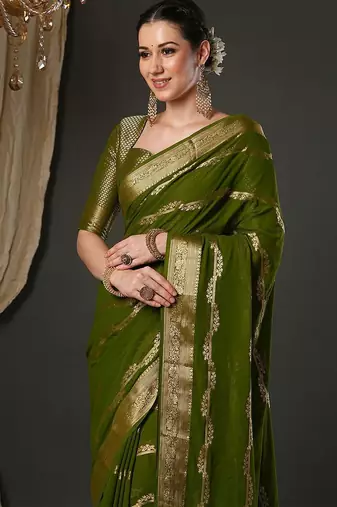 Olive ethnic motifs woven design zari  georgette kanjeevaram saree
