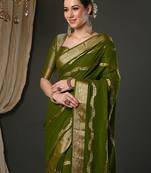Olive ethnic motifs woven design zari  georgette kanjeevaram saree