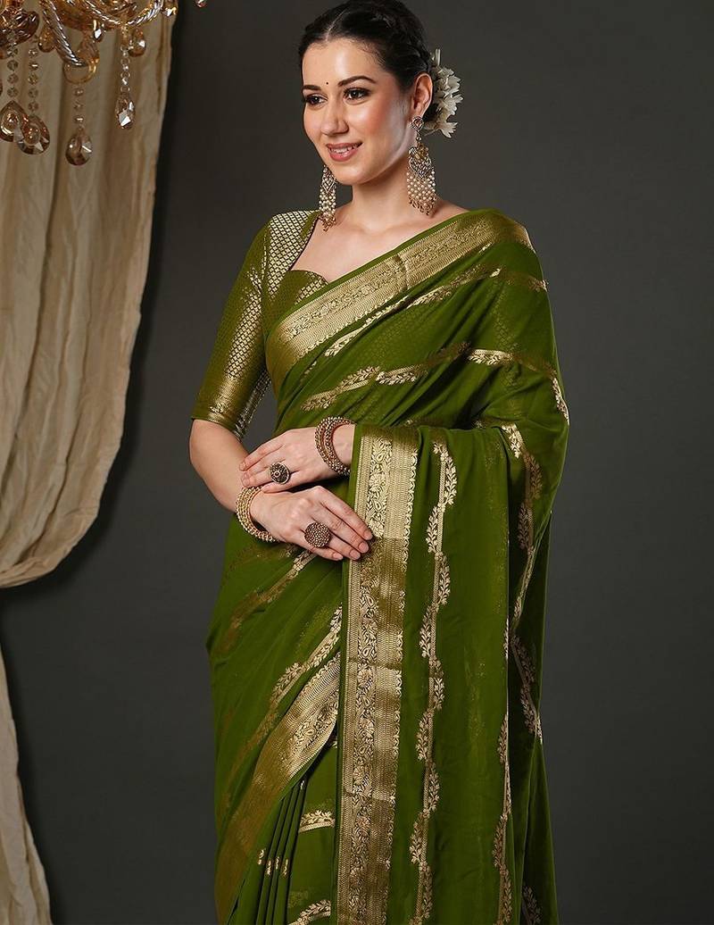 Olive ethnic motifs woven design zari  georgette kanjeevaram saree