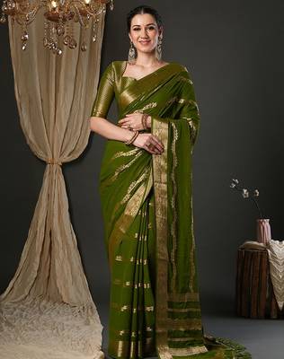 Olive ethnic motifs woven design zari  georgette kanjeevaram saree 2