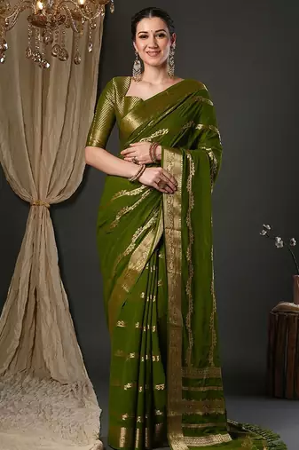 Olive ethnic motifs woven design zari  georgette kanjeevaram saree