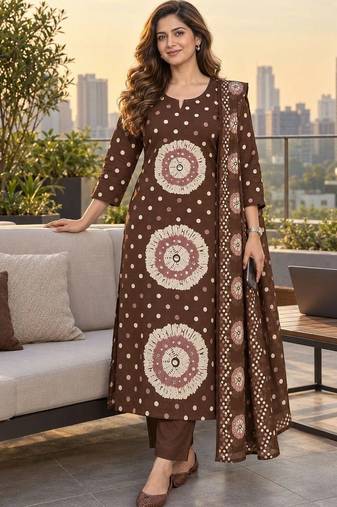 women ethnic motifs printed regular  cotton kurta with trousers & with dupatta