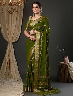 Olive ethnic motifs woven design zari  georgette kanjeevaram saree 3