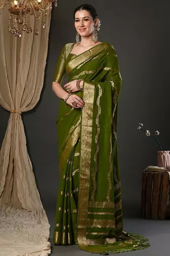 Olive ethnic motifs woven design zari  georgette kanjeevaram saree