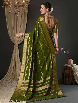 Olive ethnic motifs woven design zari  georgette kanjeevaram saree 4
