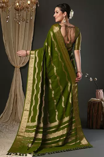 Olive ethnic motifs woven design zari  georgette kanjeevaram saree