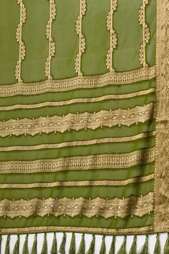 Olive ethnic motifs woven design zari  georgette kanjeevaram saree