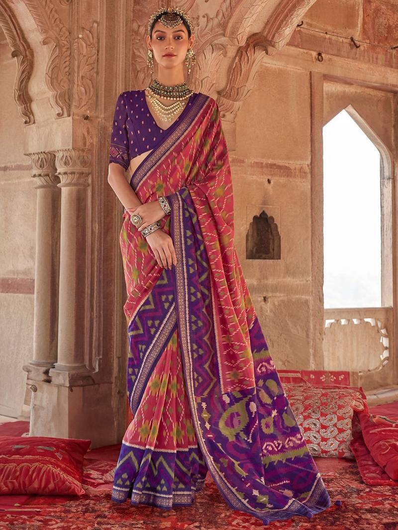 Peach silk blend patola saree