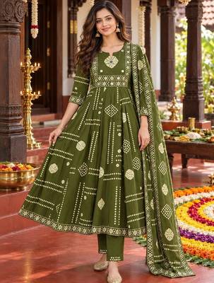 women ethnic motifs printed regular mirror work  cotton kurta with trousers & with dupatta 1