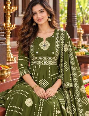 women ethnic motifs printed regular mirror work  cotton kurta with trousers & with dupatta 2