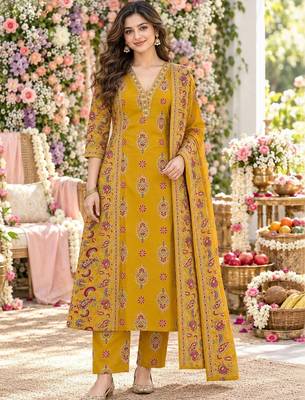 women ethnic motifs printed regular mirror work  cotton kurta with trousers & with dupatta 1
