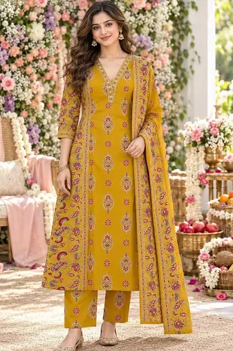 women ethnic motifs printed regular mirror work  cotton kurta with trousers & with dupatta