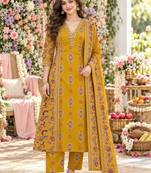 women ethnic motifs printed regular mirror work  cotton kurta with trousers & with dupatta