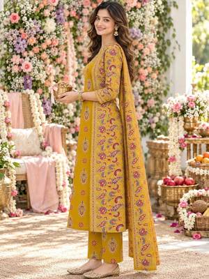 women ethnic motifs printed regular mirror work  cotton kurta with trousers & with dupatta 2