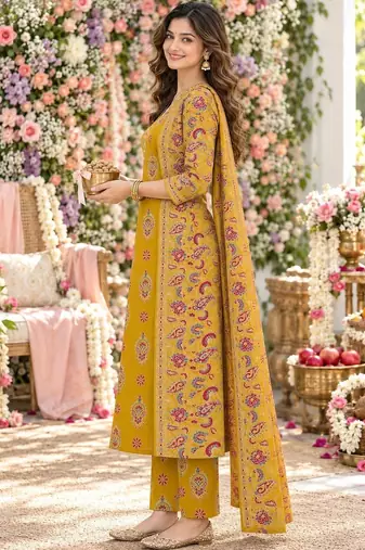 women ethnic motifs printed regular mirror work  cotton kurta with trousers & with dupatta