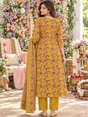 women ethnic motifs printed regular mirror work  cotton kurta with trousers & with dupatta 3