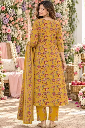 women ethnic motifs printed regular mirror work  cotton kurta with trousers & with dupatta