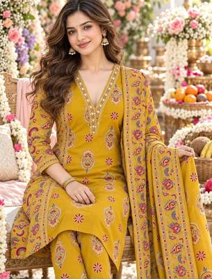 women ethnic motifs printed regular mirror work  cotton kurta with trousers & with dupatta 4