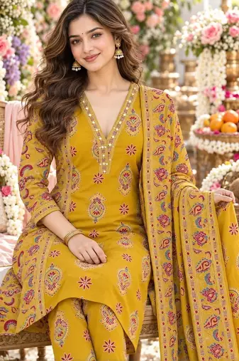 women ethnic motifs printed regular mirror work  cotton kurta with trousers & with dupatta