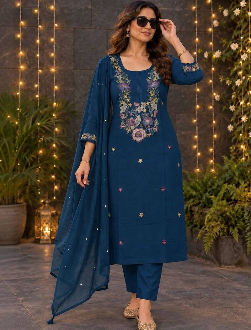 women ethnic motifs embroidered regular thread work  cotton kurta with trousers & with