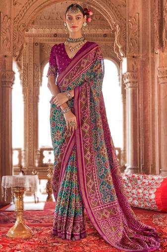 Turquoise silk blend patola saree