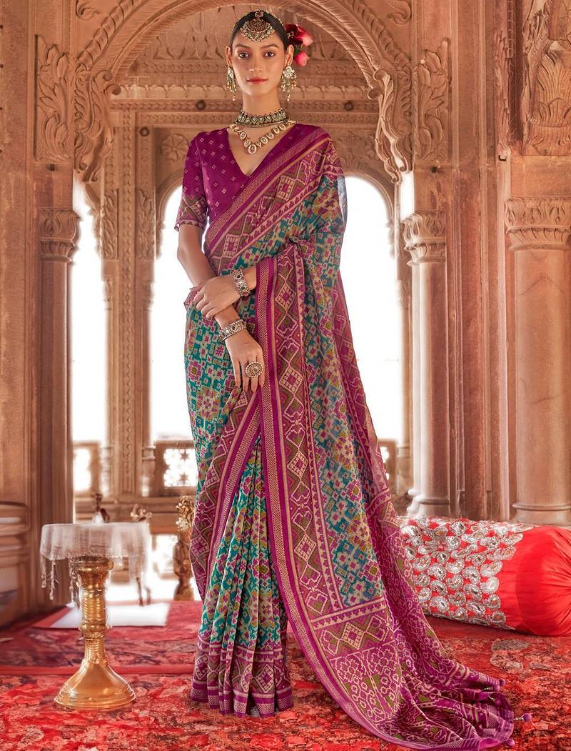 Turquoise silk blend patola saree