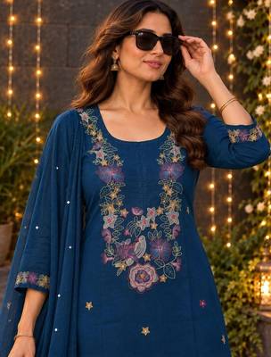 women ethnic motifs embroidered regular thread work  cotton kurta with trousers & with 2