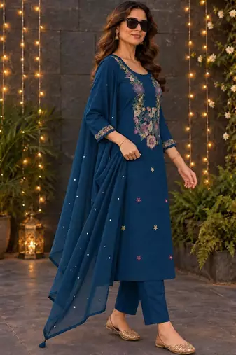 women ethnic motifs embroidered regular thread work  cotton kurta with trousers & with