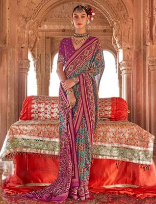 Turquoise silk blend patola saree 2