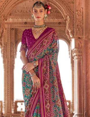 Turquoise silk blend patola saree 3