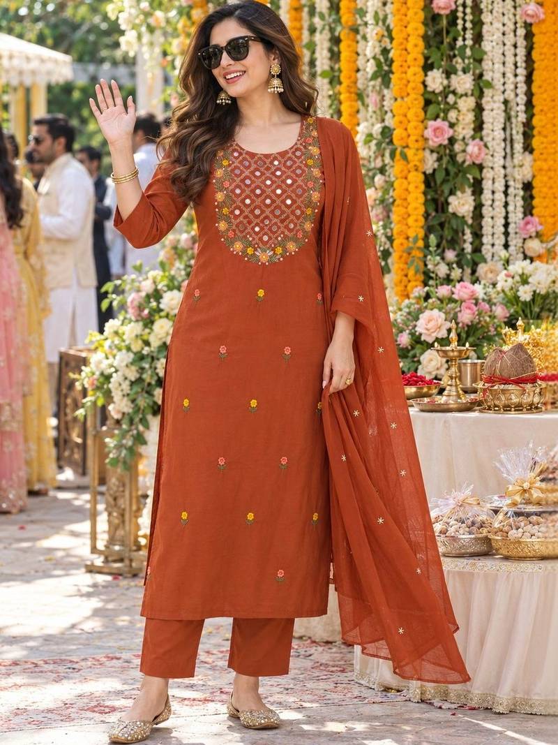 women ethnic motifs embroidered regular mirror work  cotton kurta with trousers & with