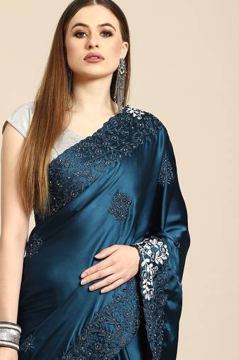 Blue blue floral embroidered satin saree