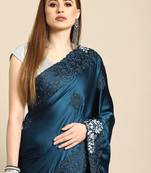 Blue blue floral embroidered satin saree