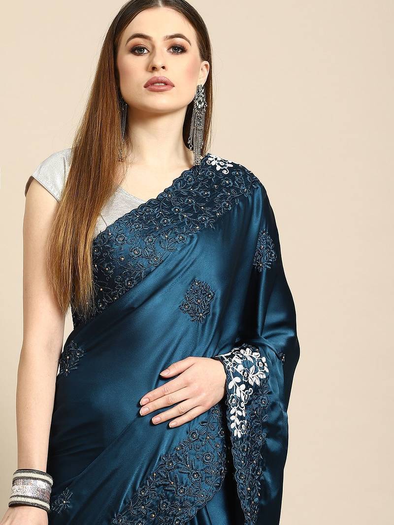 Blue blue floral embroidered satin saree