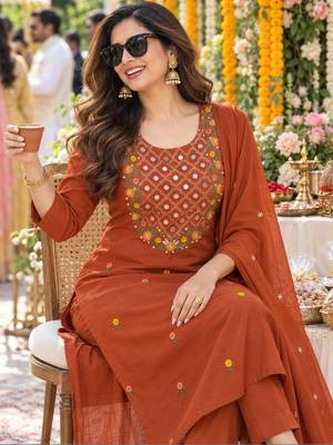 women ethnic motifs embroidered regular mirror work  cotton kurta with trousers & with 2
