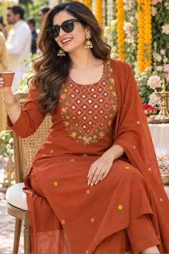 women ethnic motifs embroidered regular mirror work  cotton kurta with trousers & with