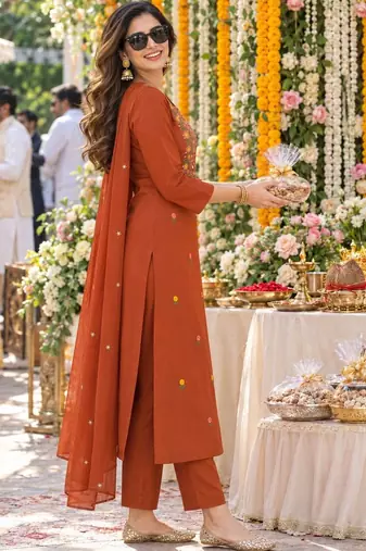 women ethnic motifs embroidered regular mirror work  cotton kurta with trousers & with
